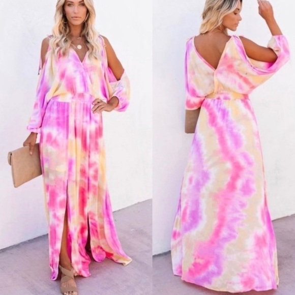 Vici‎ Tequila Sunset Tie Dye Cold Shoulder Maxi Dress Size Small Women - Picture 1 of 16